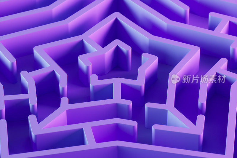 Labyrinth maze in star shape on lilac background with neon lighting